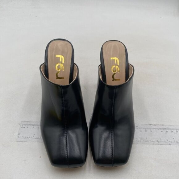 FSJ Women Closed Squared Toe Mules Slip On Chunky Mid High Heels Backless Black - Picture 3 of 8